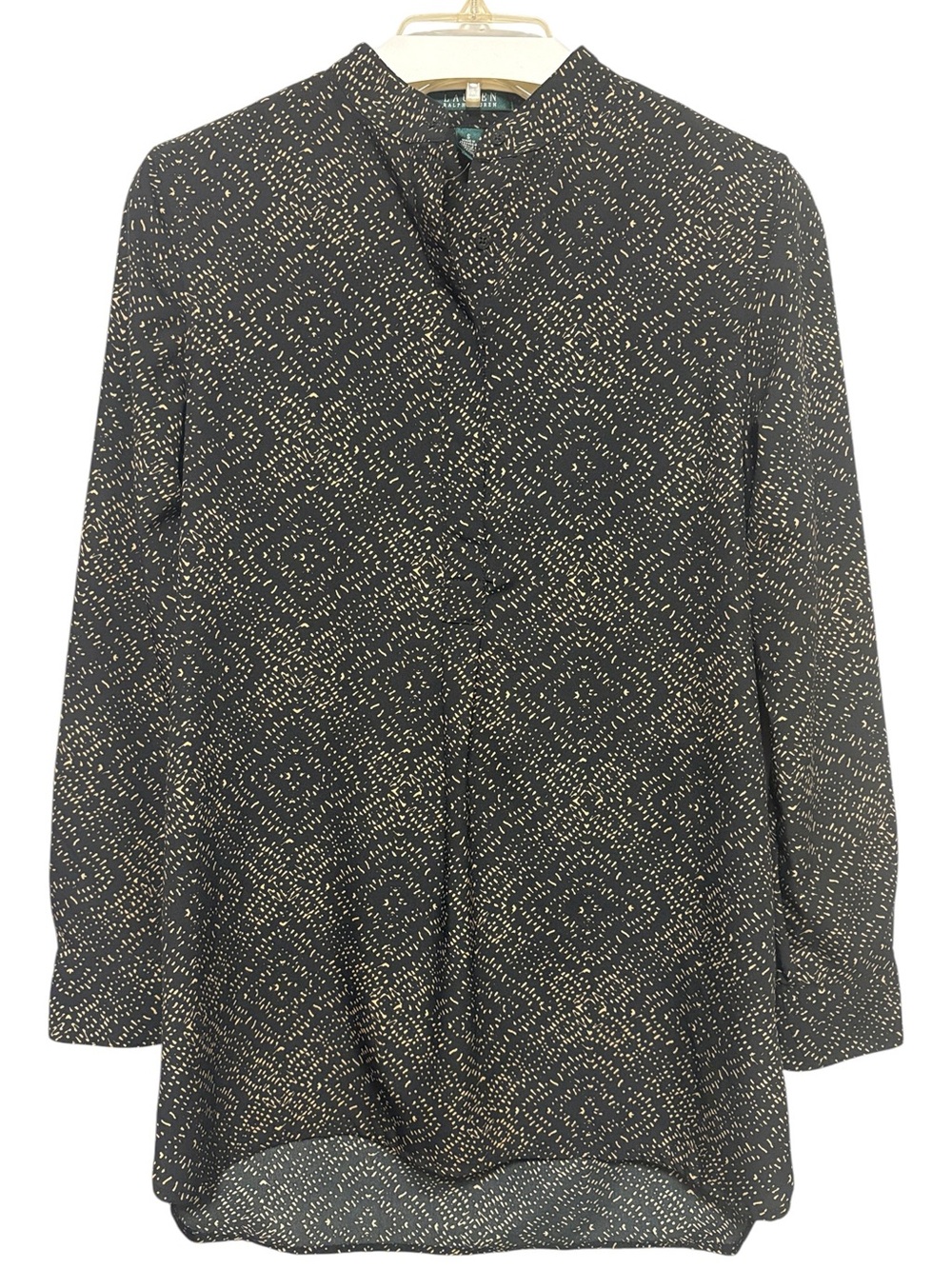 LAUREN RALPH LAUREN Black Gold Print Longline Blouse Band Collar Women’s Small